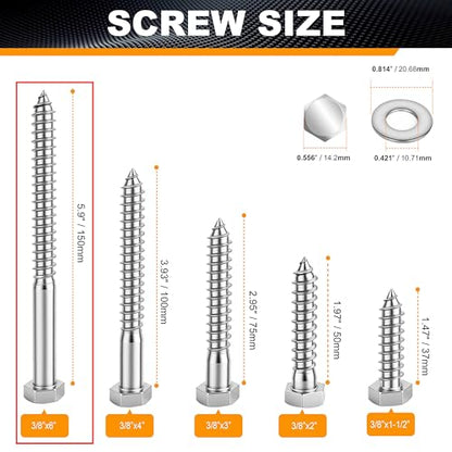 Hex Head Lag Bolts for Wood, Lag Screws 3/8" x 6",24 PCS - size: 3/8" x 6"