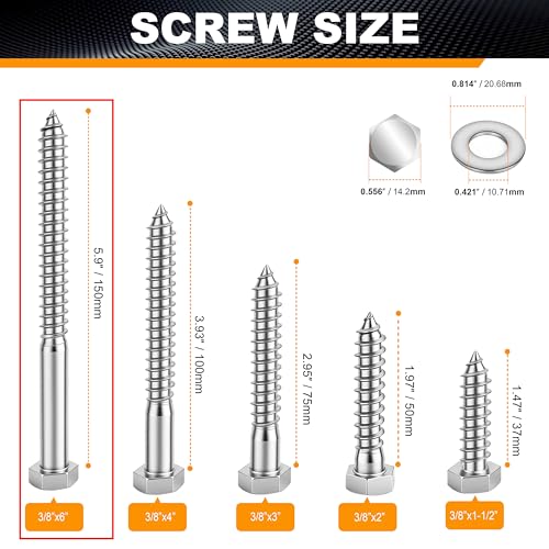 Hex Head Lag Bolts for Wood, Lag Screws 3/8" x 6",24 PCS - size: 3/8" x 6"