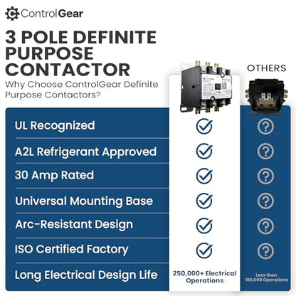 3-Pole Definite Purpose Contactor, 30A, 24V Coil, UL Recognized, A2L Cert. - size: 3P 30A 24V coil