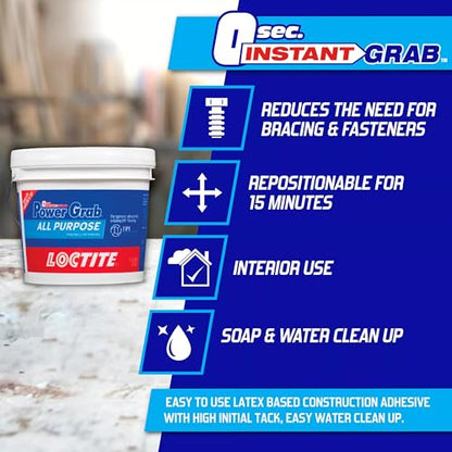 Loctite Power Grab Express All Purpose Construction Adhesive, White, 1 Gallon Pail, 1 Pack - Versatile Construction Glue for Cement, Tile, Wall & More - size: 1 Pack, style: 1 Gallon