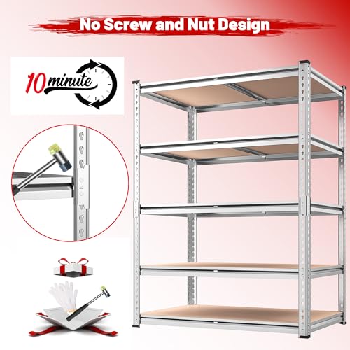 REIBII 2020LBS Garage Shelving Heavy Duty Metal Shelving 5 Tier Storage Shelves, Garage Shelves for Basement, Warehouse, Pantry, Closet, Kitchen, 72" H x 36" W x 16" D, Galvanized, 2 Pack - color: Galvanized