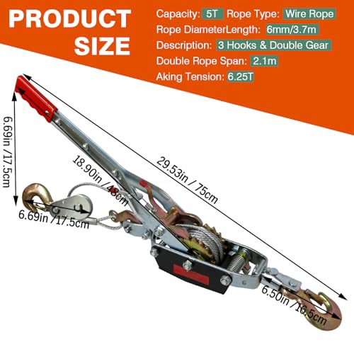 5T Come Along Winch, 11000lbs Pulling Capacity, 12ft Steel Cable - size: 5T-11000lbs-12FT-3Hook