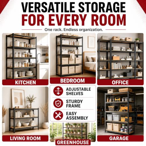 Garage Shelving, 3000 LBS Heavy Duty Metal Storage Shelves with Anti-Fall Rails, 5-Tier Adjustable Wooden Storage Rack for Garage, Warehouse, Basement, 36" W x 16" D x 72" H - size: Wooden 36" W x 16" D x 72" H
