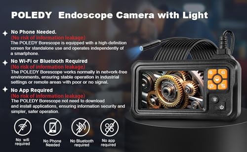Endoscope Camera with Light, POLEDY 1080P HD Borescope, 8 Adjustable LED Light mit 4.3" IPS Screen Inspection, IP67 Waterproof 16.4ft Snake Camera, Semi-Rigid Cable Inspection - style: Single Lens 4.3"