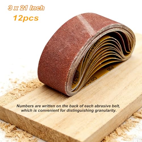 3x21 Inch Sanding Belts, 12-Pack, 80/120/150 Grit Mixed