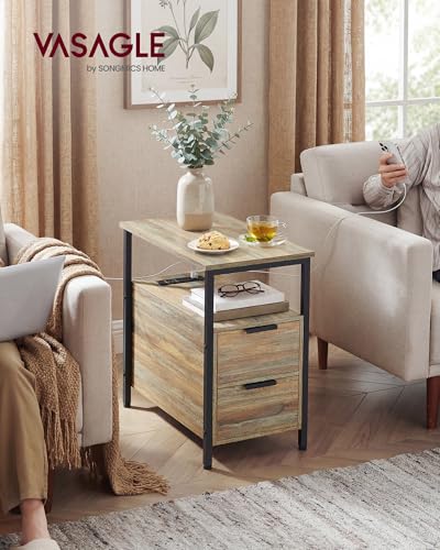 VASAGLE Side End Table with Charging Station, Slim Nightstand with Storage - color: Turquoise Brown + Ink Black, size: 23.6"D x 11.8"W