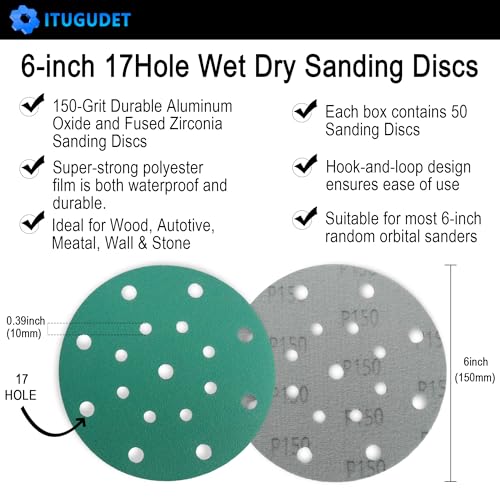 6 Inch 17 Hole 150 Grit Zirconia Alumina Hook & Loop Sanding Discs, Heavy-Duty Polyester Film Backing, Wet/Dry Anti-Clog for Random Orbital Sanders - Wood, Automotive, Metal - 50 Pack - color: 150 Grit, size: 6 Inch 17 Hole