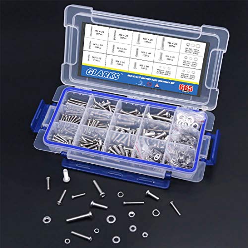 Glarks 665Pcs M3 M4 M5 M6 Stainless Steel Phillips Pan Head Screws Bolts Nuts and Flat Gasket Spring Washers Assortment Kit - style: Pan head screws
