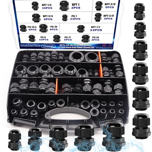 100PCS IP68 Waterproof Cable Gland Kit,Nylon Cable Glands Assortment Adjustable NPT 1/4” 3/8” 1/2” 3/4” 1” PG7 PG9 PG11 PG13.5 PG16 PG19 with Gasket for Waterproof Junction Box Wire Connect