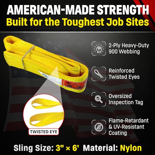 DD Sling 3 Inch x 6 Foot Nylon Lifting Sling – USA Made, 8,900 lb Vertical, 7,200 lb Choker, 17,800 lb Basket – 2-Ply Heavy Duty 900 Webbing, Type 4 Twisted Eye & Eye Rigging Sling - size: 3 in x 6 ft