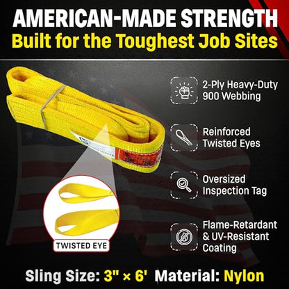 DD Sling 3 Inch x 6 Foot Nylon Lifting Sling – USA Made, 8,900 lb Vertical, 7,200 lb Choker, 17,800 lb Basket – 2-Ply Heavy Duty 900 Webbing, Type 4 Twisted Eye & Eye Rigging Sling - size: 3 in x 6 ft