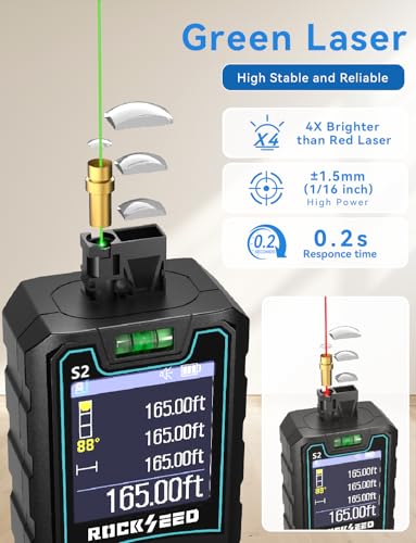 Laser Measuring Tool 165ft, RockSeed Laser Measure with Rotatable HD IPS Color Screen, 12 Measurement Modes, 3 Leveling Modes, 5 Units Switchable, for Stake Marking/Distance/Area/Volume - color: Green Laser