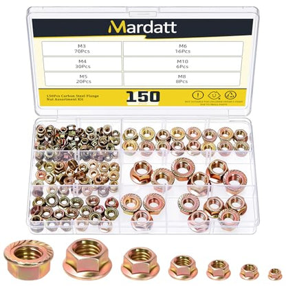 150Pcs M3 M4 M5 M6 M8 M10 Serrated Flange Nuts, Carbon Steel Yellow Zinc Plated Metric Flange Hex Lock Nuts for DIY Home Mechanism