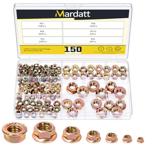 150Pcs M3 M4 M5 M6 M8 M10 Serrated Flange Nuts, Carbon Steel Yellow Zinc Plated Metric Flange Hex Lock Nuts for DIY Home Mechanism