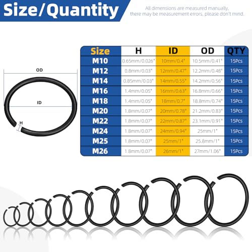 Glarks 150pcs GB895.2 65Mn Metric 10 Sizes 10MM to 26MM Round Wire C-Clips Internal Snap Rings Assortment Kit Round Wire Snap Rings Retaining Rings Classic Circlip for Shafts