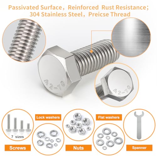 240PCS 1/4-20 Hex Bolts and Nuts Assortment Kit, 304 Stainless Steel 1/4-20 x 1/2'', 3/4'', 1'', 1-1/2'', 2'', 2-1/2'', 3'' Hex Bolts Nut and Flat & Spring Washers Assorted Set for Automotive - size: 1/4-20