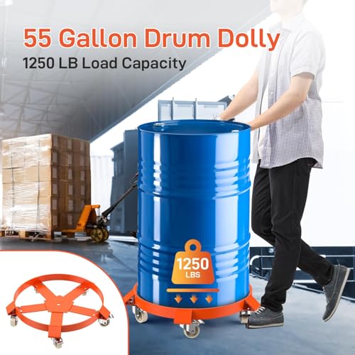 55 Gallon Drum Dolly, 1250LBS Load Capacity Barrel Dolly Cart with Steel Frame and 4 Swivel Casters Wheel, Non Tipping Dollies for Warehouse Drum Handling (1 Pack)