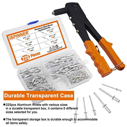 ISPINNER 225pcs Aluminum Blind Rivets Assortment Kit with Heavy Duty Hand Riveter Rivet Gun Tool, 6 Sizes Pop Rivets