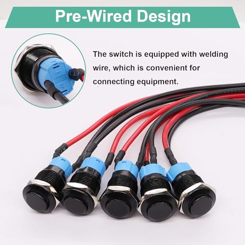 Twidec/5PCS 12mm Latching Push Button Switch ON Off Mini Round Waterproof Black Shell 12V 24V 36V 110V 250V 2A Raised Head with Pre-soldered Wires L-12-BK-G-X - color: Black-12mm-metal shell, size: Latching