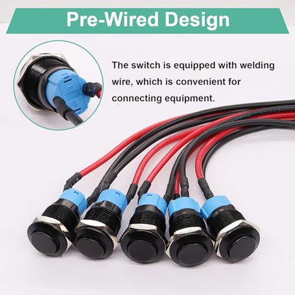 Twidec/5PCS 12mm Latching Push Button Switch ON Off Mini Round Waterproof Black Shell 12V 24V 36V 110V 250V 2A Raised Head with Pre-soldered Wires L-12-BK-G-X - color: Black-12mm-metal shell, size: Latching