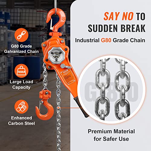 VEVOR Manual Lever Chain Hoist, 3/4 Ton 1650 lbs Capacity 5 FT Come Along, G80 Galvanized Carbon Steel with Weston Double-Pawl Brake, Auto Chain Leading & 360° Rotation Hook, for Garage Factory Dock - size: 3/4 Ton 5FT