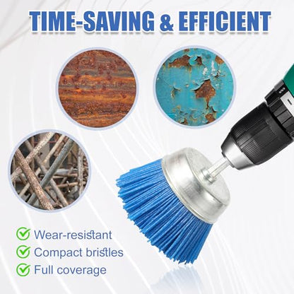 NQEUEPN 9pcs Nylon Wire Wheel & Cup Brush Set for Drill, 3 Sizes Abrasive Brush with 1/4in Hex Shank for Cleaning Sanding Drill Scrub Brush Attachment Remove Paint 80/100/240 Grit, Blue