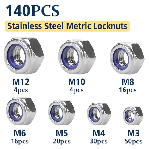 Metric Lock Nut Assortment Kit,140Pcs Stainless M3-M12 Locking Nuts - size: Metric Locknuts, 140 Pcs