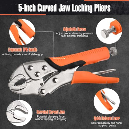 5" Curved Jaw Locking Pliers, Mini Vice Grip Pliers, Forged Carbon Steel, Anti-Slip TPR Handle, Quick Release, Locking Adjustable Vise Grip for Clamping Twisting Welding Automotive Workshop - style: 5" Curved Jaw