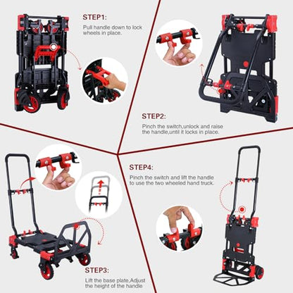 2 in 1 Hand Truck Dolly Foldable,330LB Portable Folding Hand Cart - color: C-red