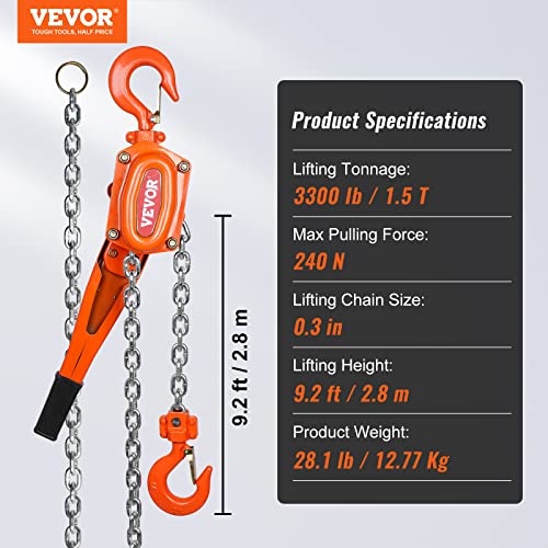 VEVOR Manual Lever Chain Hoist, 1-1/2 Ton 3300 lbs Capacity 10 FT Come Along, G80 Galvanized Carbon Steel with Weston Double-Pawl Brake,Auto Chain Leading & 360° Rotation Hook, for Garage Factory Dock - size: 1-1/2 Ton 10FT