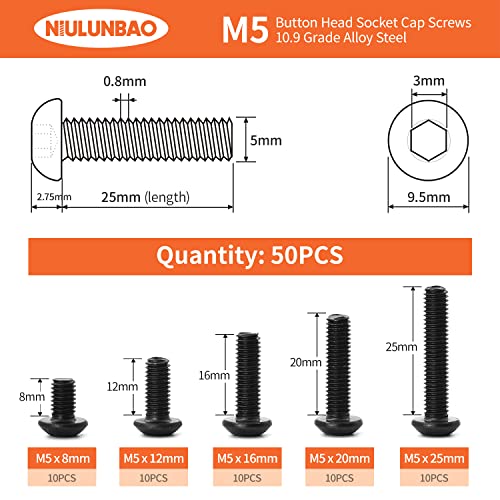 M5 x 8mm 12mm 16mm 20mm 25mm Button Head Socket Cap Screws Bolts 10.9 Grade Alloy Steel Metric, Black Oxide Finish, Allen Hex Drive, Machine Fully Threaded, Assortment Kit 50PCS - size: M5 x 8/12/16/20/25mm (50PCS)