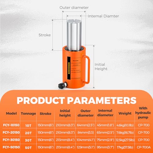 Bonvoisin Hydraulic Ram Cylinder 50T Hydraulic Jack Porta Power 6" Stroke Long Ram Single Acting Lifting Cylinders for Machinery Shipbuilding - size: 50T 6Inch
