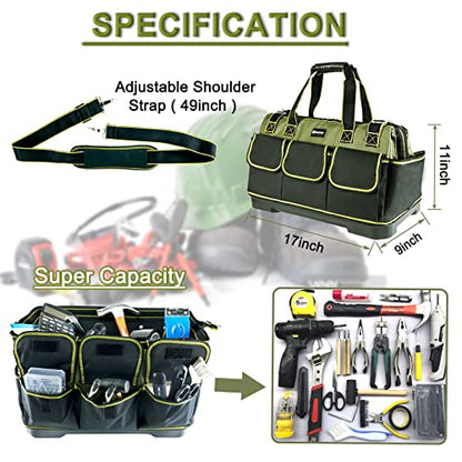 17in Tool Bag For Men Heavy Duty with Waterproof Molded Base, High Capacity Wide Mouth Tote, Construction Worker Electricians Tool Bags, Large Tool Bag Organizer for Men Women Tool Tote - size: 17in tool bag