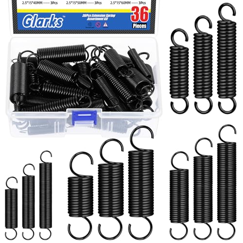 Glarks 36pcs Black Stainless Steel Extension Springs with Opening Hook Sets 12 Sizes Small Spring Tension Spring Wire Assortment for Machinery Construction Industrial - color: Black