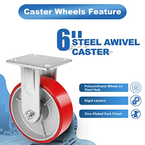 Nefish 6 Inch Industrial Fix Casters Heavy Duty No Noise Polyurethane Wheel on Steel Hub, 1200 Lbs Load Capacity Per Rigid Casters for Utility Cart, Dollies (2 Pack) - size: 6 IN （Rigid）