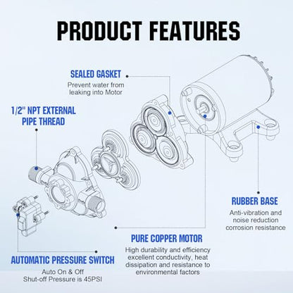 ECO-WORTHY RV Fresh Water Pump 12V DC 3.5GPM 45PSI with Pressure Switch, 12Volt Self Priming Water Pressure Diaphragm Pump On demand for RV Yacht Camper Sprayer Food Truck Black - color: Black 4