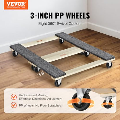 VEVOR Hardwood Furniture Moving Dolly, 30 in. x 18 in. 4 x 3 PP Swivel Casters, Heavy Duty Wooden Mover Dollies, Moving Cart with Wheels for Heavy Furniture, 1000 lbs. Capacity, Two Pack - size: 30 in. x 18 in