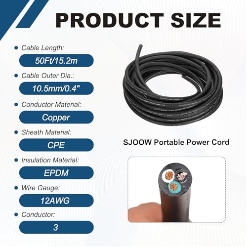 MECCANIXITY 12/3 SJOOW Electrical Wire Cable 50ft 12 AWG 3 Conductor UL - size: 12AWG*50ft, style: 3 Conductor