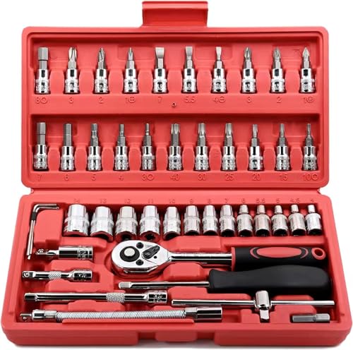 46pcs 1/4’’ Drive Ratchet Socket Wrench Set for Auto Repair and Household - color: Red