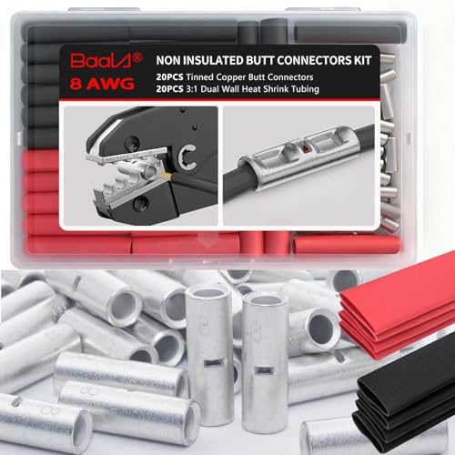 BAALA 20 PCS 8 Gauge Non-Insulated Butt Connectors Kit Tinned Copper, 20PCS Seamless Barrel Crimp Butt Splice Connector Wire Connectors with 20PCS 3:1 Heat Shrink Tubes - color: Tinned Copper