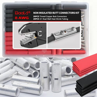 BAALA 20 PCS 8 Gauge Non-Insulated Butt Connectors Kit Tinned Copper, 20PCS Seamless Barrel Crimp Butt Splice Connector Wire Connectors with 20PCS 3:1 Heat Shrink Tubes - color: Tinned Copper
