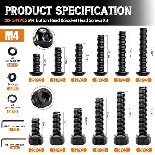 mankk 521PCS M4 Bolts Assortment Kit, Hex Socket Head Cap Hardware - size: M4