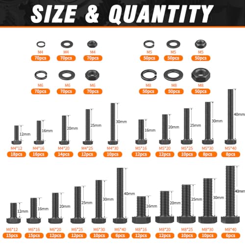 12.9 Grade Bolts and Nuts Assortment, 960pcs M4-M8 Hex Bolt Nut Washers Kit - size: M4 M5 M6 M8