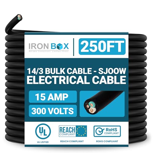 IronBox Electric 14/3 Bulk Cable - SJOOW Electrical Cable - 3 Wire Conductor, 15A, 300V - Water and Oil Resistant - Heavy Duty Portable Outdoor Extension Cord for Generator, HVAC System & More (250ft) - size: 50 ft
