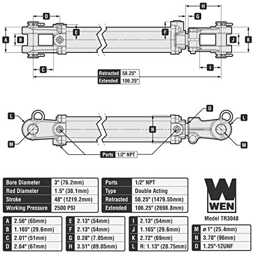 WEN 2500 PSI Tie Rod Hydraulic Cylinder with 3 in. Bore and 48 in. Stroke (TR-3048)