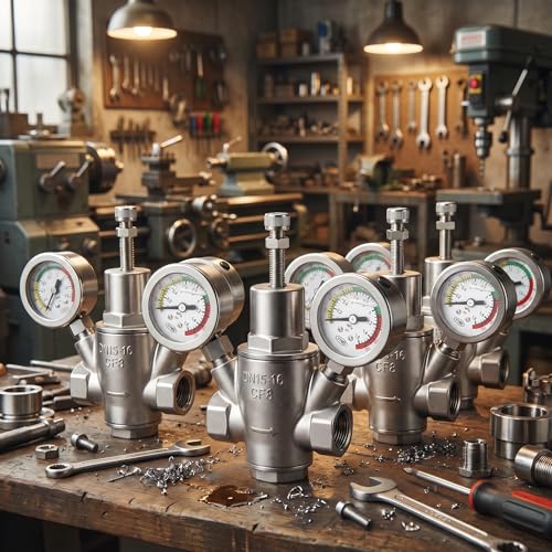 MEANLIN MEASURE 1/2" Piston Water Pressure Reducing Valve, DN15, 304 Stainless Steel Adjustable Pressure Regulator with Dual 0-220 PSI Gauges, for Home Plumbing, Industrial Water Pipe System