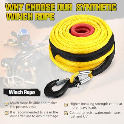 Marsui 1/2" x 100 ft Synthetic Winch Rope Cable Kit, 32000lbs, Yellow - color: Yellow, size: 1/2" X 100 ft