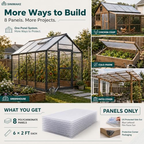 Sinimaka 10-Pack Polycarbonate Greenhouse Panels, 6 x 2 ft, 0.16 Twin-Wall Sheets, UV-Coated Translucent Roof Replacement for Greenhouses and Cold Frames - size: 6' x 2' x 0.16''