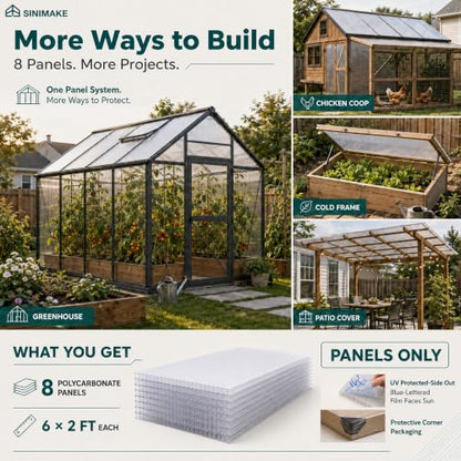 Sinimaka 10-Pack Polycarbonate Greenhouse Panels, 6 x 2 ft, 0.16 Twin-Wall Sheets, UV-Coated Translucent Roof Replacement for Greenhouses and Cold Frames - size: 6' x 2' x 0.16''
