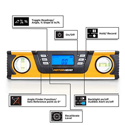 MOTORHEAD 10-Inch 0° - 180° SMART DIGITAL Level, LCD Screen, Audible Alerts, Water, Dust & Shock Resistant, Magnetic Bottom, Includes Bag, High-Visibility, Solid-Milled Aluminum, USA-Based Support - size: 10"